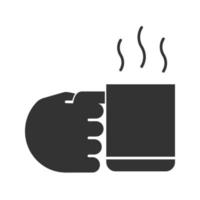 Hand, die Tasse mit Glyphen-Symbol für heiße Getränke hält. Silhouettensymbol. negativer Raum. Kaffee, Tee, Kakao. vektor isolierte illustration