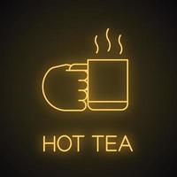 hand som håller koppen med varm dryck neonljusikonen. kaffe, te, kakao. café glödande tecken. vektor isolerade illustration