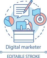 Symbol für das Konzept des digitalen Vermarkters. Digital Marketing Spezialität Idee dünne Linie Illustration. Spezialist für gezielte Werbung. Marktforschungsanalyst. Vektor isoliert Umrisszeichnung. editierbarer Strich