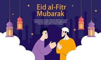 glückliches eid mubarak, ramadan mubarak grußkonzept mit menschencharakterillustration vektor