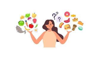 kvinna att välja mellan hälsosam och ohälsosam mat koncept illustration vektor