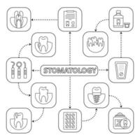 Zahnmedizin-Mindmap mit linearen Symbolen. Stomatologie. Zahnerkrankungen, Instrumente, Medikamente. Konzeptschema. isolierte Vektorillustration vektor