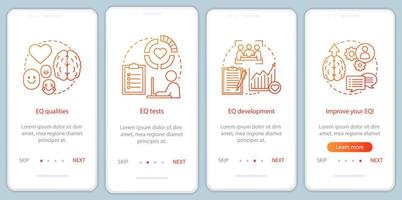 emotionell intelligens onboarding mobil app sidskärm med linjära koncept. eq kvaliteter, test, utveckling genomgångssteg grafiska instruktioner. ux, ui, gui vektormall med illustrationer vektor