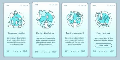 känslor hantera onboarding mobil app sida skärm vektor mall. känna igen, använd tips, njut av lugnet. genomgång av webbplatssteg med linjära illustrationer. ux, ui, gui smartphone gränssnitt koncept