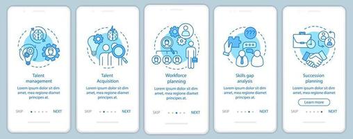 Talentmanagement beim Onboarding der Seite für den Bildschirm der mobilen App, Vektorvorlage. Personalplanung, Talentakquise. Walkthrough-Website-Schritte, lineare Illustrationen. ux, ui, gui smartphone-schnittstellenkonzept vektor