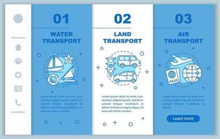 transporttjänster onboarding mobila webbsidor vektor mall. responsiv smarttelefongränssnittsidé med linjära illustrationer. vatten, landtransport webbsida genomgångssteg. färg koncept