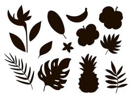 Vektor tropische Früchte, Blumen und Blätter Silhouetten. dschungellaub und schwarze blumenillustration. hand gezeichnete flache exotische pflanzenschatten lokalisiert auf weißem hintergrund. Sommergrün-Stempeldesign