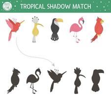 tropische Schattenanpassungsaktivität für Kinder. Vorschul-Dschungel-Puzzle. süßes exotisches Lernrätsel. Finden Sie das richtige Arbeitsblatt zum Ausdrucken der Vogelsilhouette. einfaches Sommerspiel für Kinder vektor