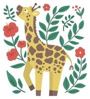 vektor niedlich verzierte komposition mit giraffe, exotischen pflanzen und blumen. lustige tropische afrikanische tierillustration. helles flaches bild für kinder. Dschungel-Sommer-ClipArt