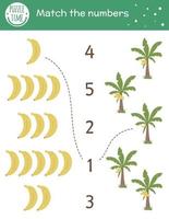 passendes Spiel mit Bananen und Palmen. tropische Mathe-Aktivität für Vorschulkinder. Arbeitsblatt zum Tropenzählen. Lernrätsel mit niedlichen lustigen Elementen. einfaches Sommerspiel für Kinder vektor