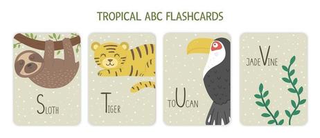 bunte alphabetbuchstaben s, t, u, v. phonics flashcard mit tropischen tieren, vögeln, obst, pflanzen. niedliche pädagogische dschungel-abc-karten zum lehren des lesens mit lustigem faultier, tiger, tukan, jaderebe. vektor