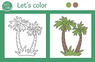 tropische Malvorlagen für Kinder. Vektor-Palme-Illustration. niedliche lustige strandpflanzenumrisse. Dschungelsommer-Farbbuch für Kinder mit farbiger Version und Beispiel vektor