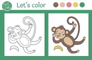 tropisk målarbok för barn. vektor apa illustration. söta roliga djur karaktär kontur. djungel sommar färgbok för barn med färgad version och exempel