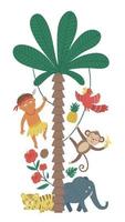vektor söt komposition med exotiska djur, afrikansk pojke, löv, blommor, frukter. rolig tropisk aboriginal, apa och växtillustration för kort, utskrifter eller affischdesign. sommarbild för barn