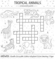 Vektor-Sommer-Kreuzworträtsel für Kinder. einfaches Quiz mit tropischen Tieren für Kinder. pädagogische dschungelaktivität mit niedlichen lustigen charakteren vektor
