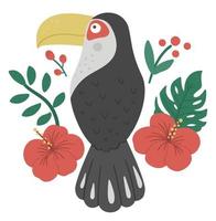 Vektor süße Komposition mit Tukan, tropischen Blättern und Blumen. lustige exotische vogelillustration. helles flaches bild für kinder. Dschungel-Sommer-ClipArt