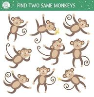 hitta två samma apor. tropisk matchningsaktivitet för förskolebarn med söta djur. roligt djungelpussel för barn. logiskt frågeformulär. enkelt sommarspel för barn vektor