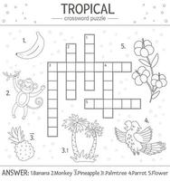Vektor-Sommer-Kreuzworträtsel für Kinder. Quiz mit tropischen Elementen für Kinder. pädagogische dschungelaktivität mit niedlichen lustigen charakteren vektor