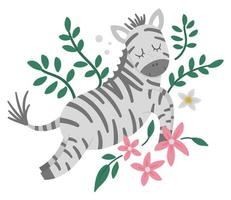 vektorsüße komposition mit zebra, tropischen blättern und blumen. lustige exotische afrikanische tierillustration. helles flaches bild für kinder. Dschungel-Sommer-ClipArt vektor