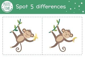 Tropisches Finde-Unterschiede-Spiel für Kinder. Sommertropische Vorschulaktivität mit Affen, die an Lianen hängen und Bananen halten. Puzzle mit süßen, lustigen, lächelnden Charakteren. vektor