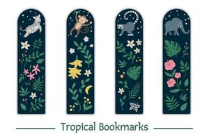 vektor uppsättning bokmärken för barn med tropiska djur, löv, blommor. söt leende zebra, apa, lemur, elefant på mörkblå bakgrund. vertikala layout kortmallar. brevpapper för barn.