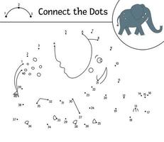 Vektor-Punkt-zu-Punkt-Aktivität mit niedlichem Tier. Verbinde das Punktespiel. Elefant Strichzeichnung. lustige tropische Malvorlagen für Kinder.