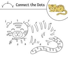 vektor prick-till-prick-aktivitet med söta djur. koppla ihop prickarna. tiger linjeteckning. rolig tropisk målarbok för barn.