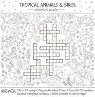 Vektor-Sommer-Kreuzworträtsel für Kinder. Quiz mit tropischen Tieren und Vögeln für Kinder. pädagogische dschungelaktivität mit niedlichen lustigen charakteren vektor