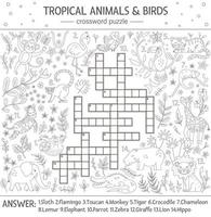 vektor sommar korsord för barn. frågesport med tropiska djur och fåglar för barn. pedagogisk djungelaktivitet med söta roliga karaktärer