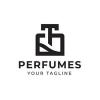 logotypdesign med parfymflasklinje och prydnadslinje, bokstaven t, lämplig för modekosmetiska skönhetsskyltar. vektor