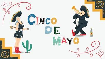 vektor platt designillustration på temat den mexikanska semestern cinco de mayo en man med en trumpet och en kvinna med maracas på bakgrunden av titelinskriptionen