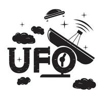 stilisierte inschrift ufo-teleskop empfängt ein signal von einer fliegenden untertasse schwarz-weiß-bild auf einem isolierten hintergrund vektor