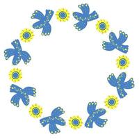 runder rahmen mit dekorativen blauen vögeln und gelben blumen sonnenblumen. Serviette in Gelb- und Blautönen, Farben der ukrainischen Flagge. Vektor-Illustration. Blumenmuster für Dekor, Design, Druck und Servietten vektor