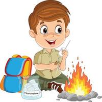 Cartoon-Scout-Junge, der einen Marshmallow röstet vektor