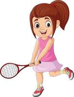 tecknad liten flicka spelar tennis vektor