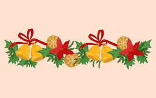 horizontaler kranz der weihnachtsfeiertage - grenze oder rahmen mit weihnachtsstern, weihnachtsglocken, plätzchen und grünen blättern, karikaturvektorillustration lokalisiert auf hintergrund. grußkarten und neujahrsbanner. vektor