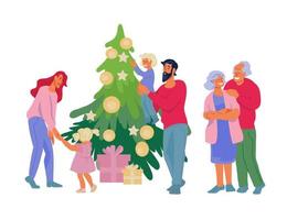 familiengenerationen von eltern, großeltern und kindern feiern gemeinsam weihnachten. vektor