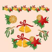 weihnachtsfeiertagsdekorationen eingestellt mit weihnachtsblumen- und glockenrand und einzelnen elementen, karikaturvektorillustration lokalisiert auf hintergrund. grußkarten und neujahrsdesign. vektor