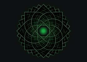 grön lotusblomma mandala, livsfrö symbol helig geometri. fjärde chakrat. neon geometrisk mystisk mandala av alkemi esoterisk blomma. vektor gudomlig meditativ amulett isolerad på svart bakgrund