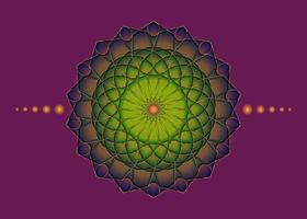 Heilige Geometrie Mandala, farbenfrohes Blumengold meditatives Kreissymbol, geometrisches Logodesign, mystisches religiöses Rad, indisches Chakra-Konzept, Vektorillustration isoliert auf violettem Hintergrund vektor