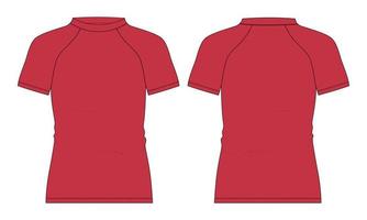 kortärmad raglan slim fit t-shirt övergripande teknisk platt skiss vektorillustration röd färg mall framifrån och bakifrån. vektor