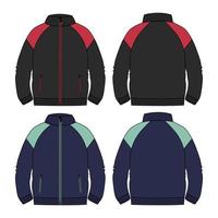 Zweifarbige Farbe mit geschnittenem und gesägtem Jackensweatshirt technische Mode flache Skizzenvektorillustrationsvorlage vorne hinten. bekleidung sweatjacke flachzeichnung schwarz, navy farbe mock-up. vektor