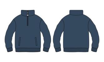 Baumwoll-Jersey-Fleece-Jacke, Sweatshirt, technische Mode, flache Skizze, Vektorgrafik, marineblaue Farbvorlage, Vorder- und Rückansicht. flache kleidung pullover jacke mock-up isoliert auf weiß vektor