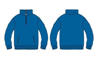 Baumwoll-Jersey-Fleece-Jacke, Sweatshirt, technische Mode, flache Skizze, Vektorgrafik, blaue Farbvorlage, Vorder- und Rückansicht. Flache Kleidung Pullover Jacke Mock-up isoliert auf weißem Hintergrund.