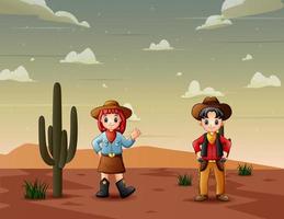 karikaturillustration ein cowboy und ein cowgirl in der wüste vektor