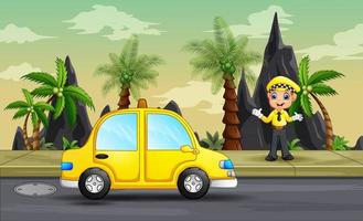 Cartoon-Taxifahrer und sein Auto am Straßenrand vektor