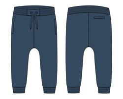 fleece bomullsjersey basic sweat pant teknisk mode platt skiss marinblå färg mall fram- och baksida. kläder joggerbyxor vektor illustration mock up för barn och pojkar.