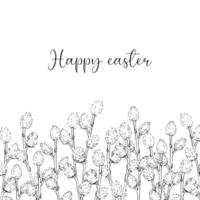 glad påsk gratulationskort. blommande grenar vide. handritad illustration för gratulationskort vektor