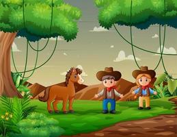 glücklicher junger Cowboy und Cowgirl mit Pferd auf einer Wiese vektor