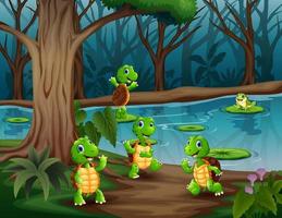 niedliche Cartoon-Schildkröten und Frösche, die im Fluss spielen